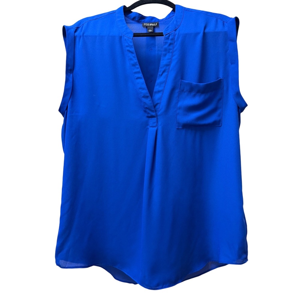 Roz & Ali Blue Sleeveless Blouse Women Large V-Neck Button Back Pocket Top